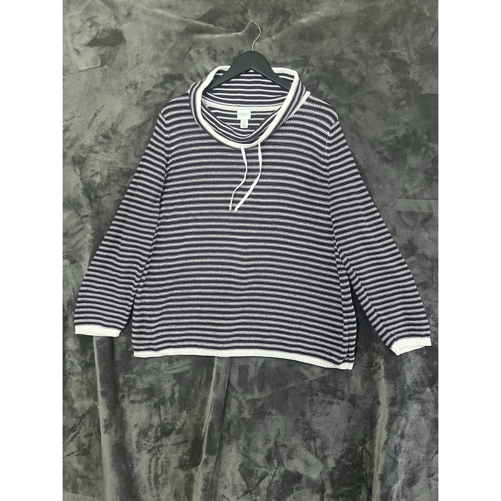Weekends by Chico's 3 Purple White Striped Long Sleeve Cowl Neck Sweater Coastal